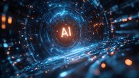 Glowing AI symbol in center of futuristic digital tunnel with blue light effects and orange particles, abstract technology background for artificial intelligence concepts.
