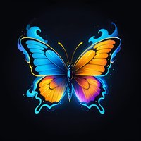 Luminous butterfly with glowing blue and orange wings on black background, magical effect with sparkles and smoke elements, symmetrical decorative design.