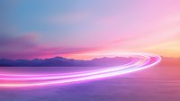 Glowing neon light trails curve across tranquil mountain landscape at sunset, vibrant pink and purple streaks illuminate misty horizon over calm water surface.