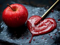 Red apple and heart shaped paint stroke with brush on dark background with water drops, romantic artistic food photography composition.