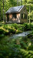 Tiny wooden cabin with solar panels nestled in lush forest beside flowing stream, surrounded by dense green trees and vegetation for eco-friendly living.