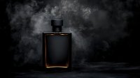 Black luxury fragrance bottle with golden glow edges on dark background with dramatic smoke effect, creating mysterious and elegant atmosphere for premium product photography.
