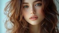 Young woman with striking blue eyes and wavy brown hair against soft blue background, showcasing natural beauty with subtle makeup.