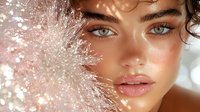 Young Mediterranean woman with glowing skin and blue eyes close up portrait with white winter frost decoration, fashion beauty makeup and natural look.