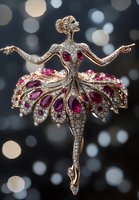 Elegant gold ballerina brooch with ruby gemstones and diamonds dancing gracefully against sparkling bokeh background for luxury jewelry collection.
