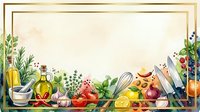 Cooking ingredients and kitchen utensils arranged on wooden surface with fresh vegetables, herbs, olive oil, and culinary tools for food preparation and recipe design projects.