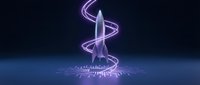 Rocket with glowing purple neon energy spirals launching upward against dark background, symbolizing innovation, technology advancement, and future growth for business concepts.