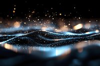 Abstract glowing wave of digital particles with blue light effect and golden bokeh on black background creates futuristic technology visualization.