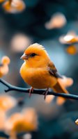 Small orange canary bird perched on thin branch with soft bokeh background. Cute songbird in natural habitat for wildlife and nature projects.