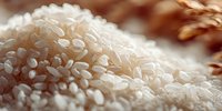 Close-up of raw white rice grains with selective focus, showing texture and natural color variations against blurred brown background.