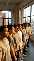 Group of diverse men standing in line by large windows overlooking urban cityscape, wearing casual beige and neutral toned shirts, suitable for teamwork, recruitment, diversity and inclusion concepts.