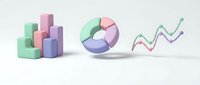 Colorful pastel data visualization elements including bar charts, pie chart and line graphs on white background for business presentations and infographics.