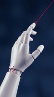 White robotic hand pointing with red laser beam on dark blue background for technology and artificial intelligence concepts.