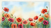 Watercolor poppy flowers field with red and pink blooms against soft blue sky background, botanical floral meadow scene for spring summer designs.