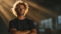 Young confident Caucasian man with curly blonde hair in black t-shirt standing with crossed arms in modern office space with warm sunlight streaming through windows.