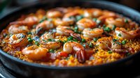 Aromatic Spanish paella with succulent shrimp, saffron rice, and fresh herbs in traditional cast iron pan, garnished with parsley for gourmet dining.