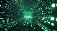 Green digital data tunnel with glowing particles and light rays creating futuristic cyber space for technology backgrounds and sci-fi designs.