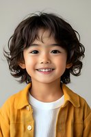 Young Asian child with curly dark hair wearing yellow jacket and white t-shirt smiling brightly at camera against neutral background. Natural daylight portrait.