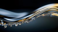Macro shot of golden liquid flowing with water droplets suspended in motion against dark background, suitable for cosmetics, skincare, and wellness product marketing.