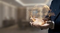Businessman holding glowing digital sphere with SEO strategy optimization icons floating above palm in modern office environment for marketing concepts.
