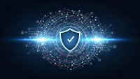 Digital cybersecurity shield with checkmark surrounded by glowing network connections and data circuits on dark blue background for tech protection.
