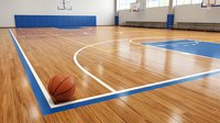 Indoor basketball court with wooden floor, blue boundary lines, and ball on polished hardwood. Suitable for sports facilities, athletic training, and gymnasium design projects.