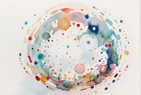 Colorful abstract watercolor circular composition with splashes and dots in blue, orange, and pink tones on white paper, creating cosmic or cellular effect.