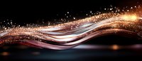 Glowing copper and white waves with sparkling particles flow across dark background creating dynamic motion effect with magical light trails and bokeh elements.