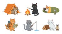 Cute cats camping outdoors with tent, campfire, fishing rod, and gear. Isolated cartoon characters ready for design use on merchandise and apparel.