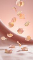 Soft peach rose petals falling gracefully over smooth curved surface against blush pink background, evoking luxury skincare and wellness aesthetics.