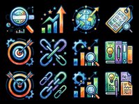 Isolated business analytics and growth icons set with transparent background, ready for t-shirt design, clipart, stickers, print-on-demand products and sublimation projects.