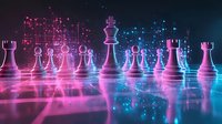 Chess pieces on reflective surface with neon pink and blue lighting effects creating futuristic atmosphere, strategic game concept with glowing digital elements.