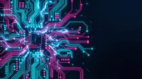 Futuristic circuit board with glowing neon pink and cyan pathways on dark background for technology and digital innovation concepts.