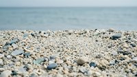 Pebble beach with smooth stones and shells along calm seashore, suitable for travel, nature, and coastal background designs.