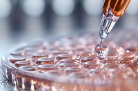 Micropipette dropping liquid sample into petri dish with clear solution droplets, macro photography showing scientific research in laboratory setting.