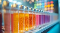 Glass test tubes containing colorful liquid samples in laboratory setting with orange, pink and purple gradient solutions lined up for scientific research.