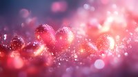 Glowing pink hearts with sparkles and bokeh effects on dark background create romantic atmosphere for Valentine's Day cards and love-themed designs.