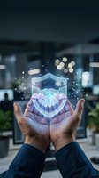 Male professional holding glowing shield with handshake icon, symbolizing trust, security, and partnership in business environment with blurred office background.