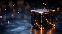 Glowing magical cube with golden sparkles and light particles floating in dark mysterious space against blurred bokeh background. Suitable for fantasy designs.