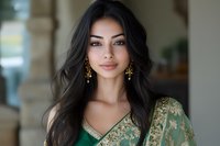 Young Asian woman in emerald green and gold sari with ornate earrings smiling warmly at camera. Long dark hair frames her natural makeup look. Elegant cultural fashion portrait.