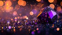 Magical glowing bokeh lights with purple and orange sparkles floating in dark space creating dreamy atmospheric background for festive designs.