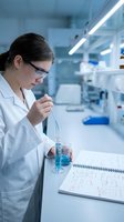 Female scientist in white lab coat conducting chemical experiment with blue solution in modern laboratory for research and development.