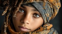 Young African woman with dreadlocks wearing traditional orange and gray headwrap and scarf, close-up portrait with striking eyes and natural makeup.