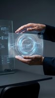 Businessman holding transparent digital tablet with glowing holographic interface displaying data analytics and technology visualization for business solutions.