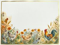 Vintage farmyard scene with rooster, hen, and chicks surrounded by wildflowers and wheat stalks on cream background. Isolated design element suitable for stationery, textiles, and home decor projects.