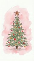 Festive evergreen tree decorated with red and gold ornaments and a star topper on soft pink watercolor background, suitable for holiday greeting cards and seasonal designs.