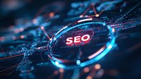 Glowing SEO text surrounded by digital network connections and futuristic interface elements in blue and red neon colors against dark background.