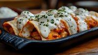 Delicious enchiladas topped with creamy white sauce and fresh herbs served on cast iron skillet for Mexican cuisine restaurant menu and food photography.