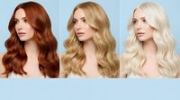 Three women showcasing different hair color transformations from auburn to golden blonde to platinum blonde with long wavy hairstyles for salon services.