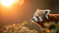 Adorable red panda in golden sunlight with warm bokeh background, wildlife photography showcasing endangered species in natural habitat during sunset.